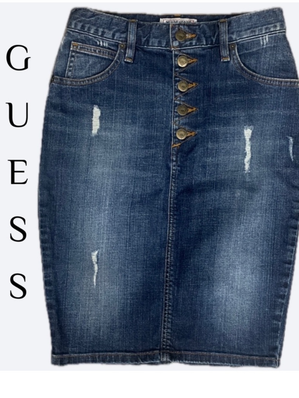 GUESS Classic Distressed Blue Denim Pencil Skirt 25 NWOT